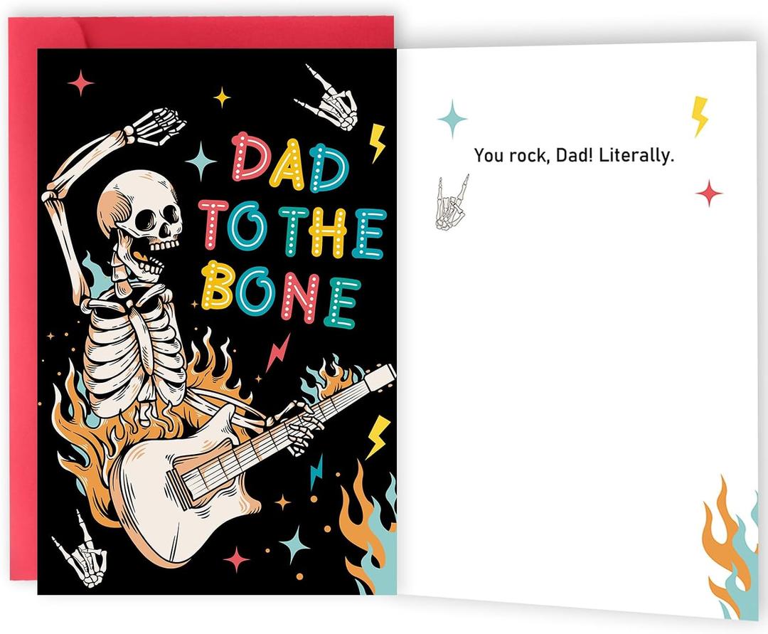 2 x ICOOLYI Funny Father's Day Cards Gifts for Dad Fathers Day Card from Daughters, Sons, Kids Dad to the Bone!' Rock 'n' Roll Design, Skeleton with Guitar