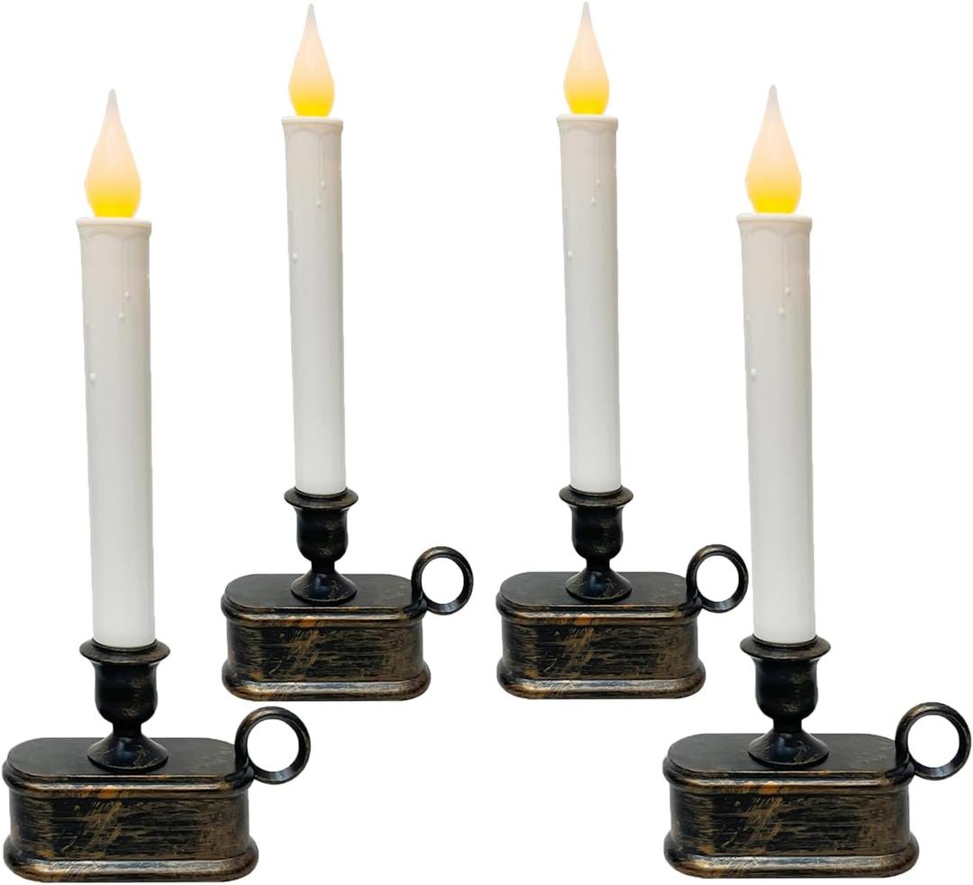 4 Pack Christmas Window Candle Lamps, Flameless Flicker LED Lights and Bronze Base, Battery Powered Window Candle fit Candlelight Dinners, Party, Christmas Decorations