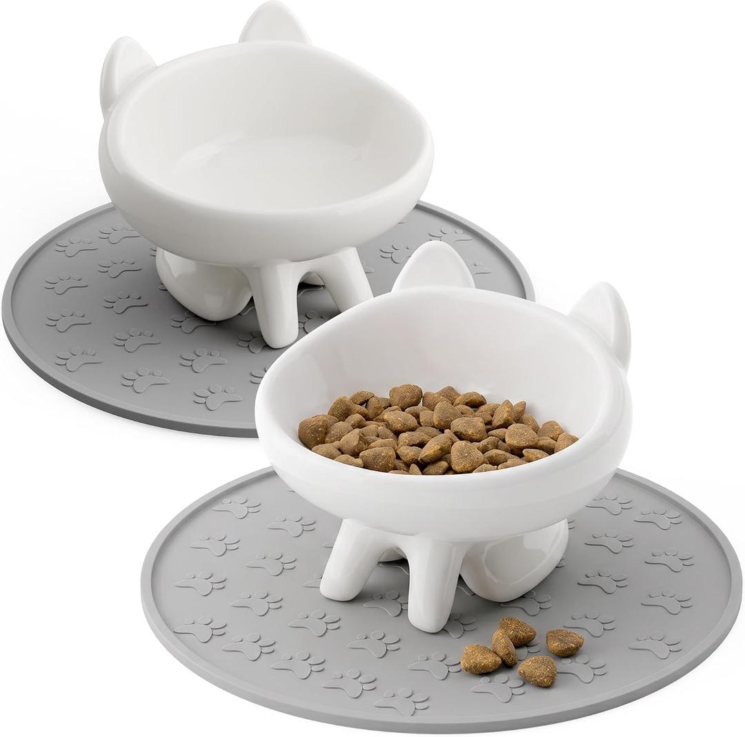2 Pack Anti-Vomit Elevated Ceramic Cat Bowls with 2 Non-Slip Mats Ceramic Whisker-Friendly Tilted Orthopedic Feeding Set, Ideal for Senior Cats & Small Dogs
