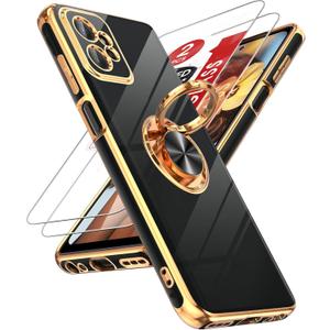LeYi for Moto G Power 5G 2023 Case: with Tempered Glass Screen Protector [2 Pack] 360 Rotatable Ring Holder Magnetic Kickstand, Plating Rose Gold Edge Motorola G Power 5G 2023 Case, Black
