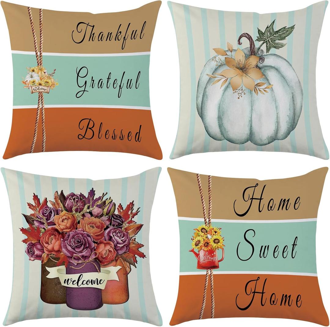 Mimkus Fall Pillow Covers 18 x 18 Inch Set of 4 Thankful Grateful Blessed Harvest Floral Decorations Double-Sided Print Cushion Cases for Home Dcor (Orange and Blue)
