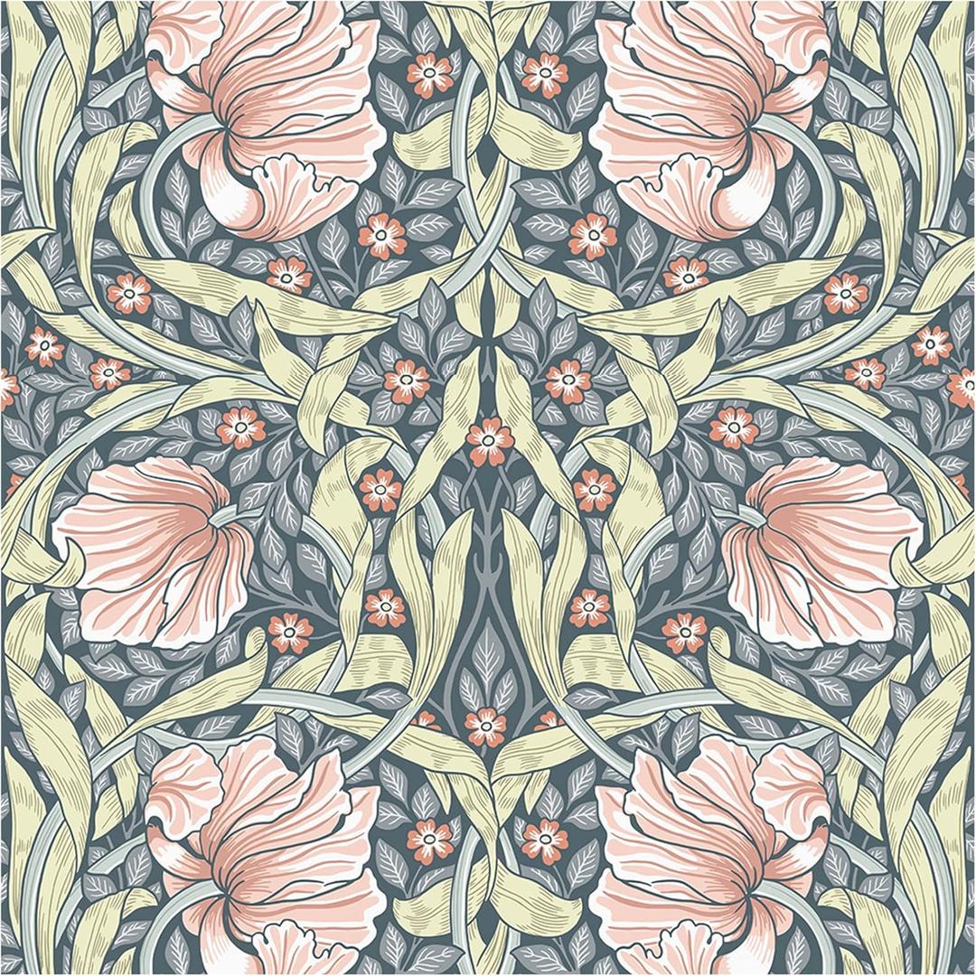 HAOKHOME Vintage Floral Wallpaper Peel and Stick Botanical Grey/Terracotta Wall Murals Home Kitchen Bedroom Decor by William Morris 17.3in x 9.8ft