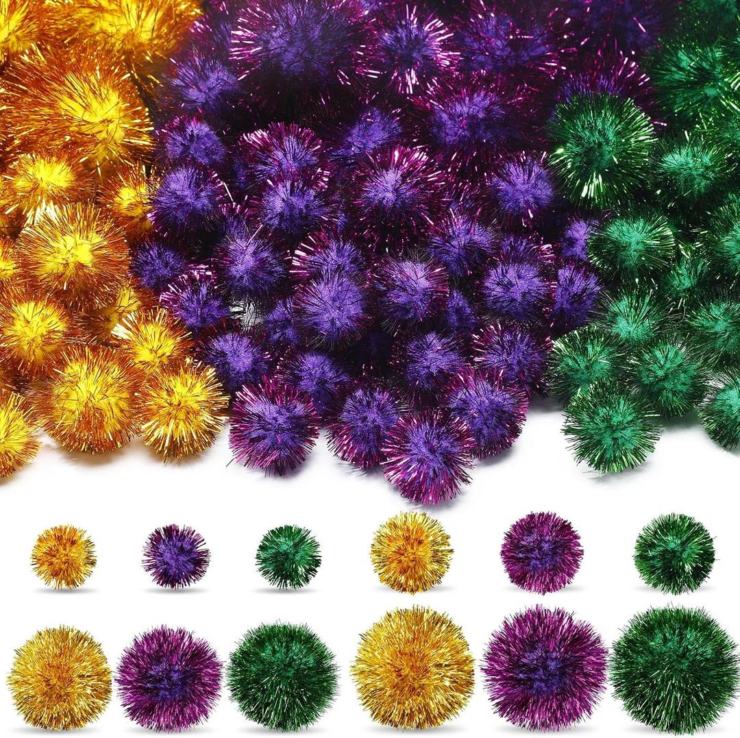 Knitgrip 150 Pcs Large Glitter Tinsel Pom Poms 2.5" 2" 1.4" 1" Christmas Pompom Balls Jumbo Glitter Balls for DIY Craft Making Christmas Decorations(Gold, Green, Purple)