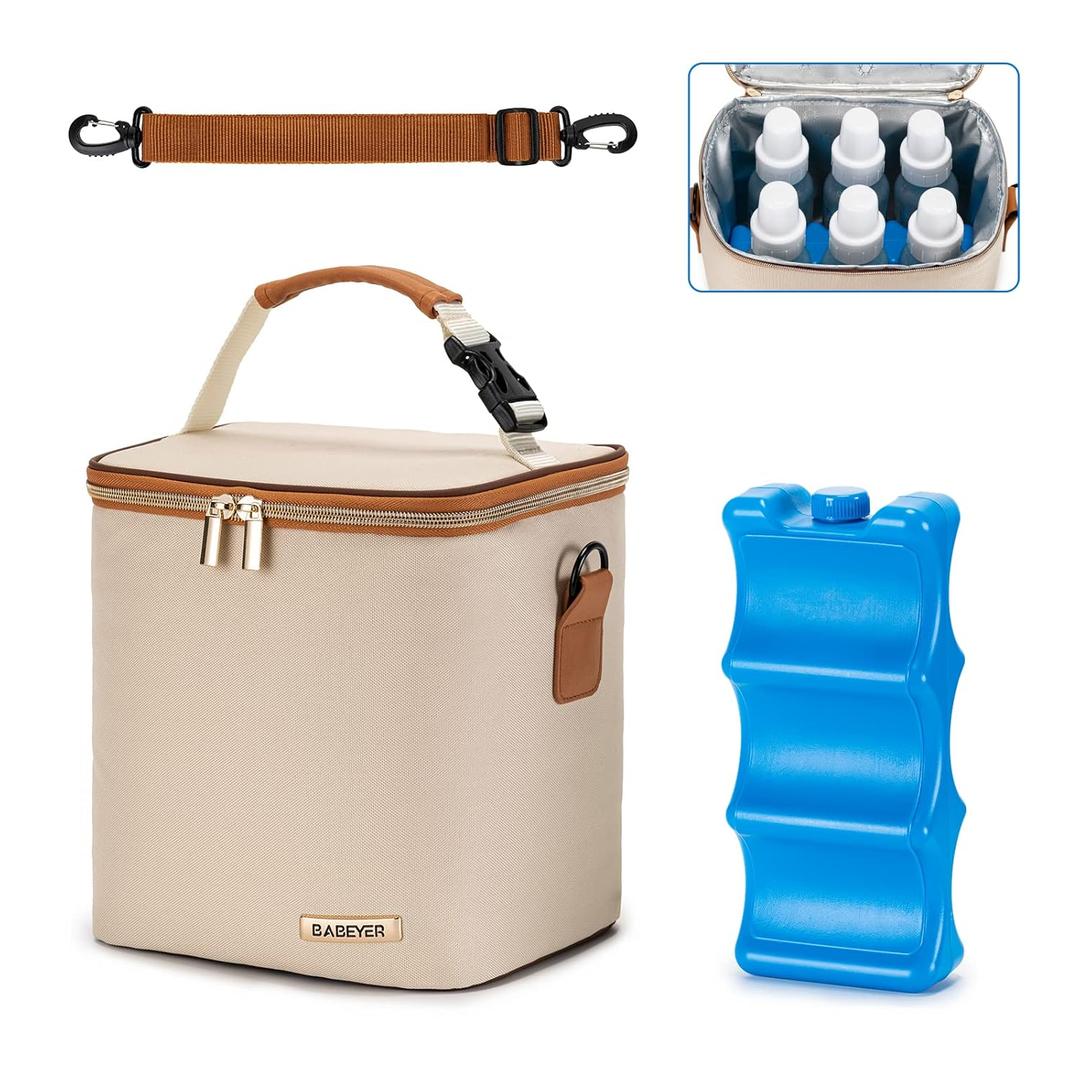 BABEYER Breastmilk Cooler Bag with Ice Pack Fits 6 Baby Bottles Up to 9 Ounce, Baby Bottle Bag with Shoulder Strap for Nursing Mom Daycare, Cream