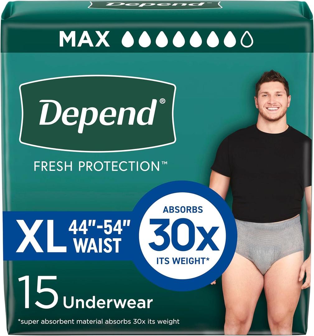 Depend Fresh Protection Adult Diapers, Incontinence Underwear for Men, Disposable, Maximum, ExtraLarge, Grey, 15 Count