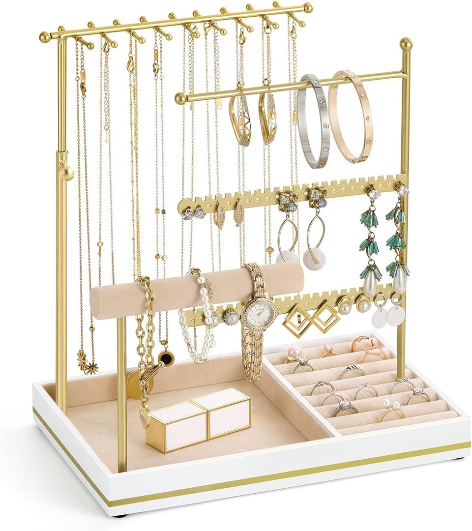 Emibele Jewelry Holder, Jewelry Organizer Stand Necklace Earrings Bracelet Holder, 5 Tier Jewelry Display Tower Rack with Metal Frame and Velvet Ring Tray, Aesthetic Jewelry Stand Gift for Women, Gold
