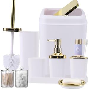 9Pcs Bathroom Accessories - White Bathroom Accessories Set with Trash Can, Soap Dispenser, Soap Dish, Toothbrush Holder, Toothbrush Cup, Toilet Brush Holder, Qtip Holders and Tray for Home
