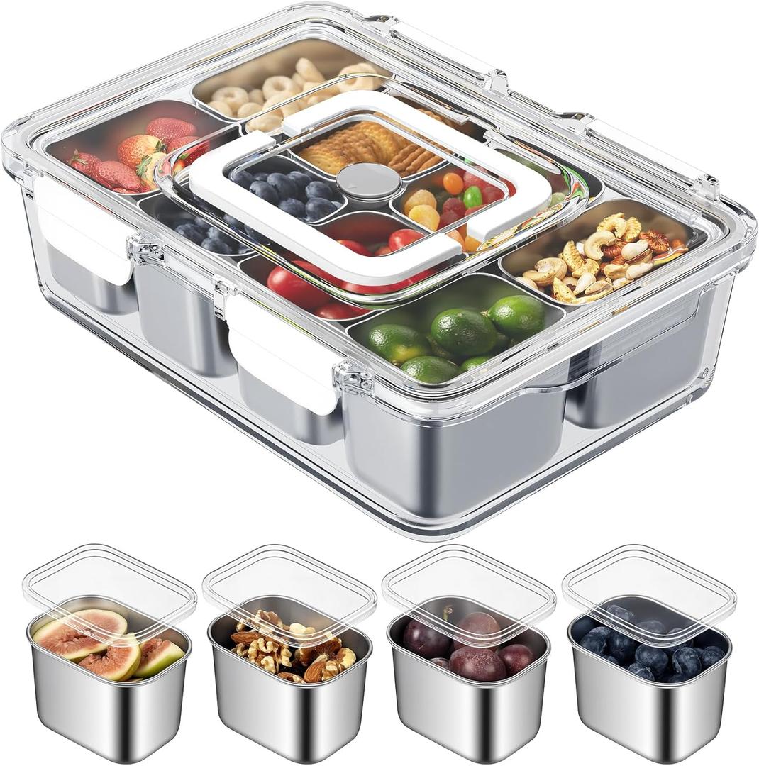 Snackle Box Container, Stainless Steel Divided Serving Tray with Lid and Handle, 8 Compartment Portable Snack Platters - Clear Storage Organizer for Fruit Candy Nuts Veggie - Perfect for Travel Party