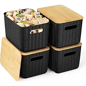 Ohmlove 4 Packs Storage Bins with Bamboo Lids  Plastic Storage Containers with Lids Stackable Storage Box: Storages Baskets for Organizing Desktop Closet Playroom Classroom Office, Black