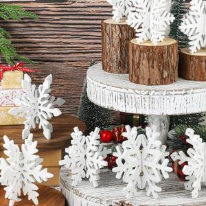 16 Pcs Christmas Snowflake Wooden Decor Winter 3D Snowflake Tabletop Sign Christmas Tiered Tray Decorations White Snowflake Wood Blocks Centerpiece for Xmas Wonderland Party Home Table Decor