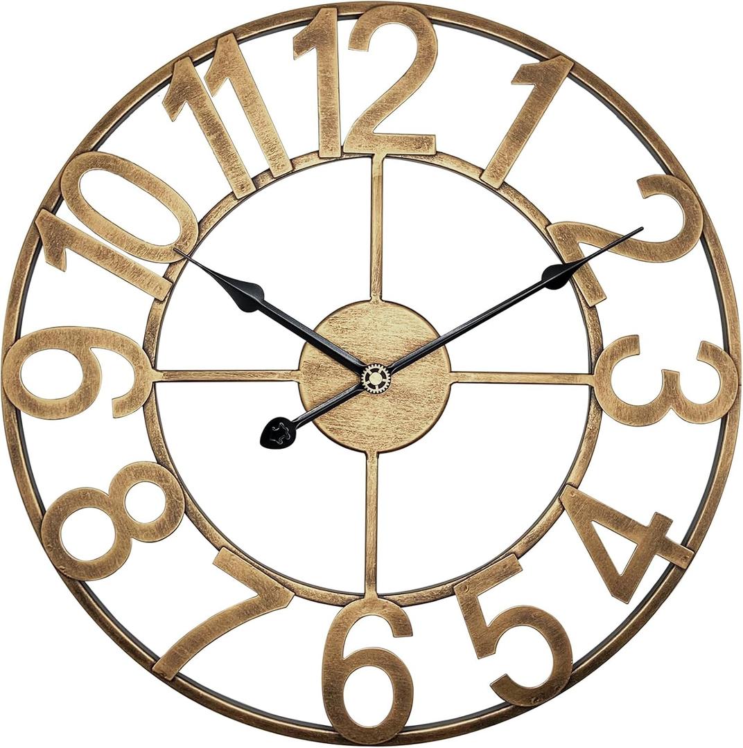 Indoor Outdoor Large Wall Clock，Silent Analog Battery Operated 24 Inch Metal Wall Clock for Patio, Porch, Pool Area, Kitchen, Living Room, Farmhouse Decor - Vintage Gold