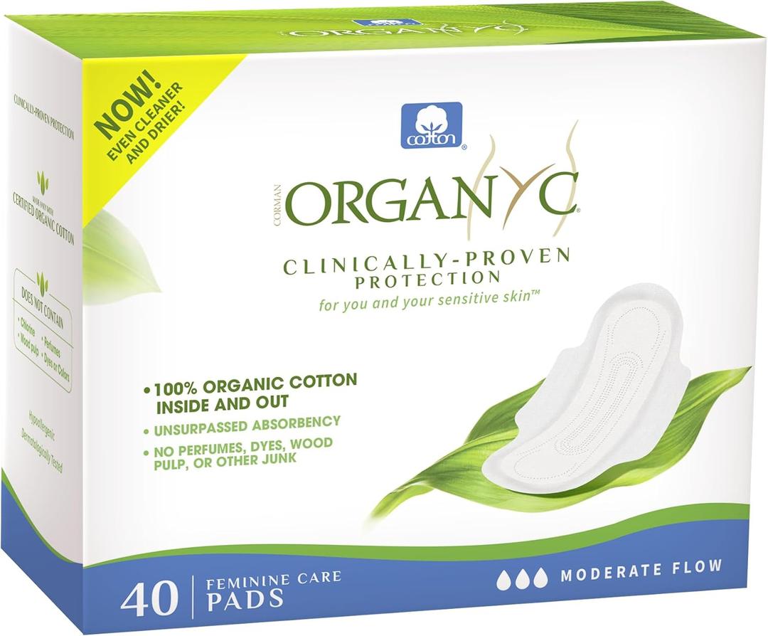 Organyc - 100% Certified Organic Cotton Inside and Out Feminine Pads, Sanitary Napkin 40 Count, Moderate Flow, Regular Absorbency, New Larger Size Packaging