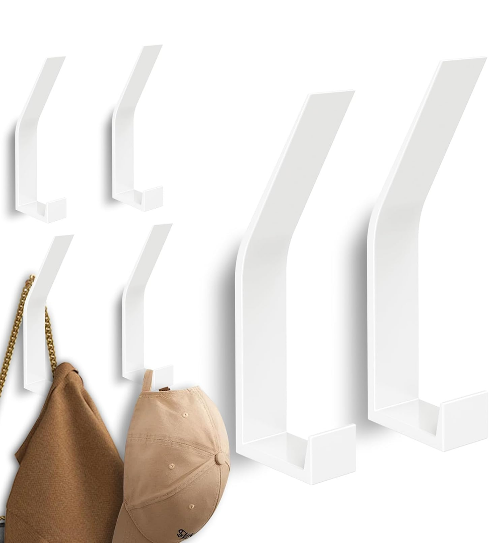 6 Pack Coat Hooks Wall Mount - Heavy Duty Hat Hangers, Large Wall Hooks for Mudroom Entryway Bathroom, Decorative Metal Hook Rack for Hanging Purse, Baseball Cap, Key, Backpack, Towel, Robe (White)