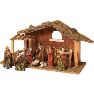 15.25-Inch Long Moss Stable with Set of 9 Resin Figurines Nativity Scene
