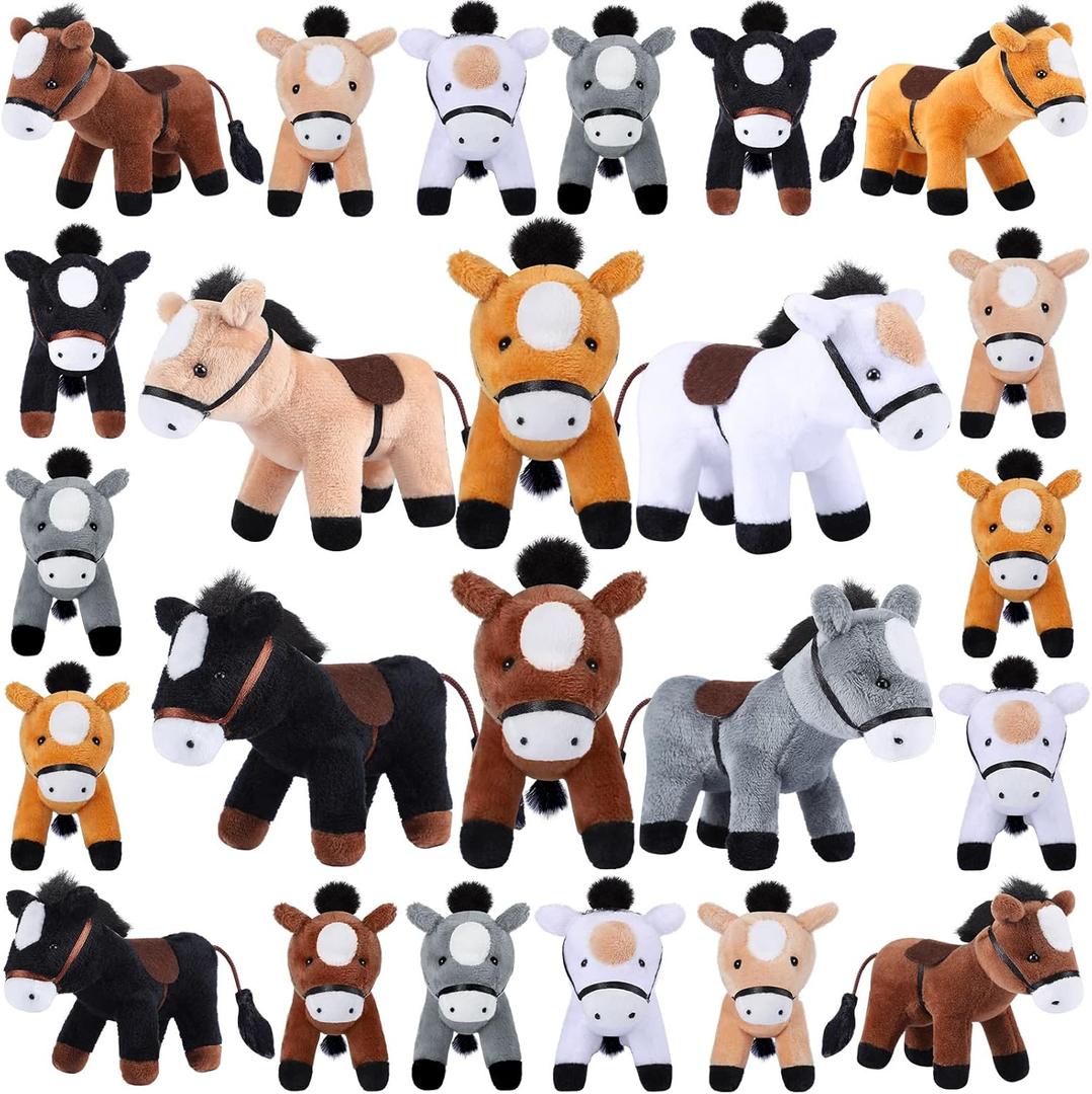 Leyndo 24 Pack Horse Plush Toys Bulk Standing Plush Horse 4 Inch Mini Stuffed with Chain Back to School Party Favor Gifts for Animal Theme Party Christmas Birthday Decoration and Supplies, 6 Colors