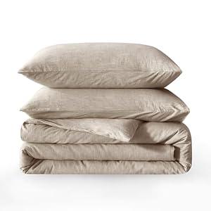 BFS HOME Linen Duvet Cover - Soft Breathable Cotton Linen Blend, 3-Pieces Bedding Set with 2 Pillowcases, Stonewashed Texture, Khaki, All-Season Comfort, 89x81inch 