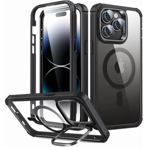 ESR for iPhone 14 Pro Max Case with Stand, Compatible with MagSafe, Full-Body Military-Grade Drop Proof Case with Built-in 9H+ Tempered Glass Screen Protector, Armor Series, Clear Black