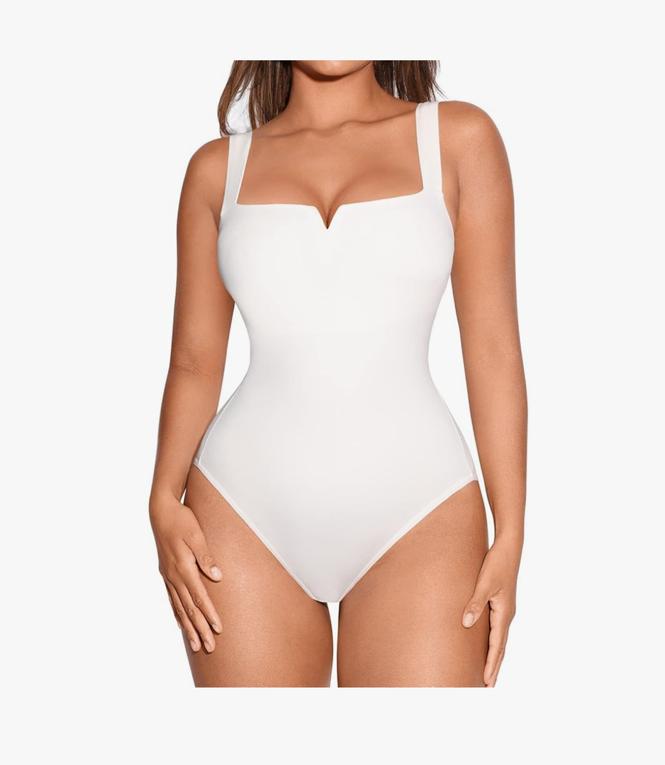 FeelinGirl Square Neck Bodysuit for Women Sleeveless Tummy Control Slimming Bodysuit Going Out Tank Tops (3X-Large, White)