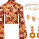 Shihanee 60/70s Hippie Costume Outfits Set for Women Bell Sleeve Floral Mesh Crop Top Glasses Earrings Headband Accessories (X-Large)