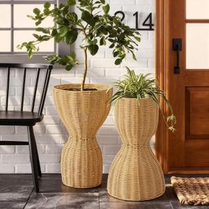 2 Pcs 20 in Tall Wicker Reversible Outdoor Planter Basket Boho Rattan Plant Pots Decorative Woven Flower Pots for Porch Home Patio Backyard Indoor Garden, Dual Size 12 Inch 8 Inch, 12 inches and 8 inches