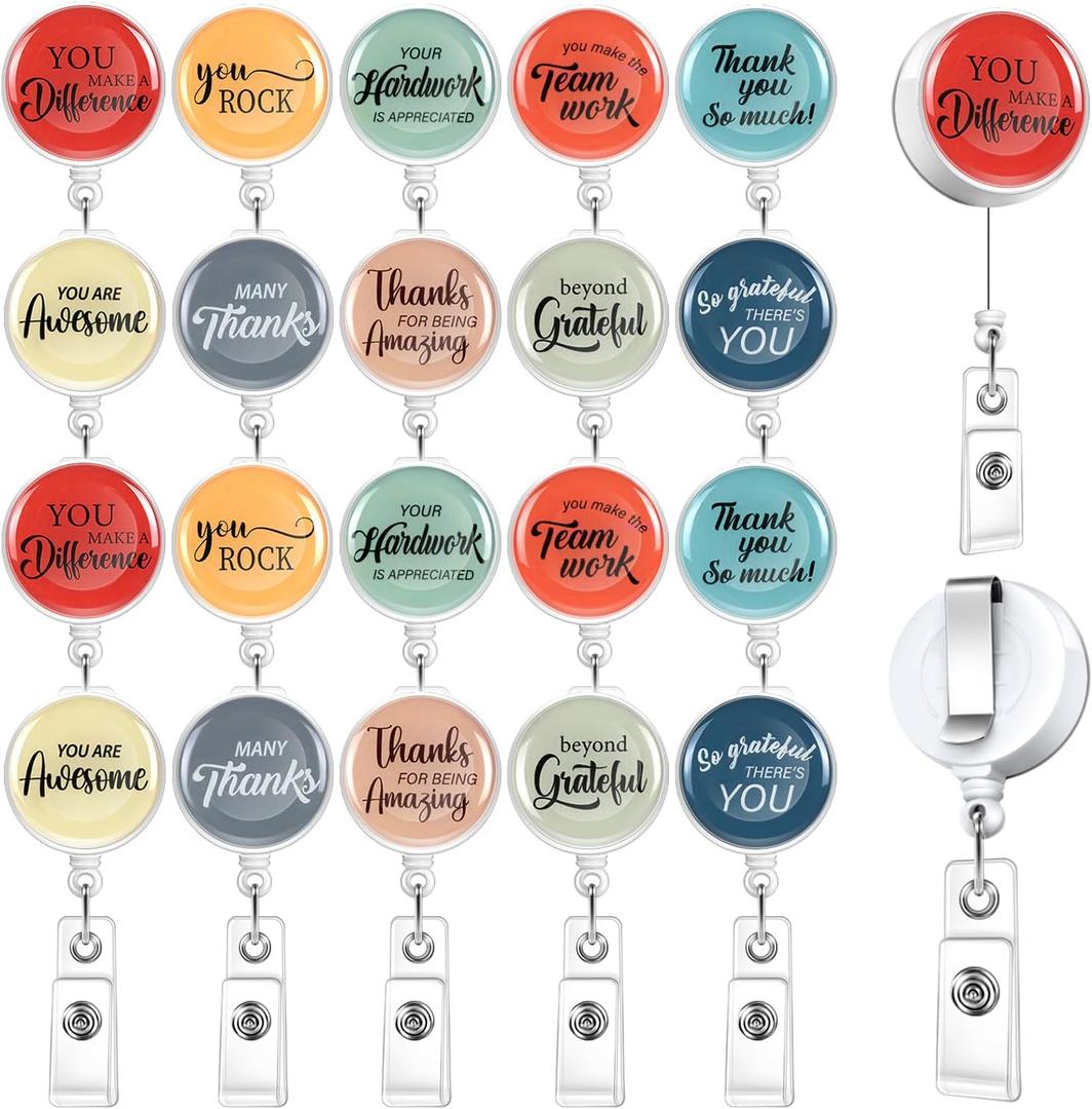 20 Pcs Christmas Thank You Badge Reels Retractable Bulk Employee Appreciation Gift with Motivational Quote Inspirational Decorative Badge Reel for Xmas Coworker Teacher Gifts (Multcolors)