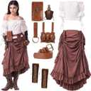 Renaissance Costume Women Medieval Pirate Dress Skirt Shirt Gloves Belt Victorian Ren Faire Outfit for Halloween (X-Large, Red)