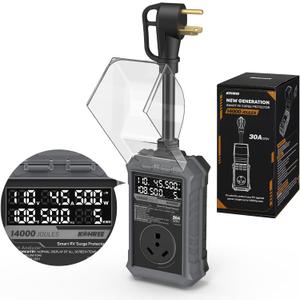 Kohree RV Surge Protector 30 Amp with LED Real-time Large Screen Display Voltage Current KWH, 14000 Joules Auto Shut Off, Circuit Analyzer RV Power Surge Protector Waterproof for Camper, Gray