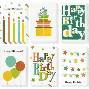 Juvale Birthday Cards Blank Inside - 4 x 6 In, 48 Pack Multicolor - Bulk Blank Birthday Cards with Envelopes & Unisex Designs - 6 Vibrant Patterns on Ivory Stock - Workplace & Family