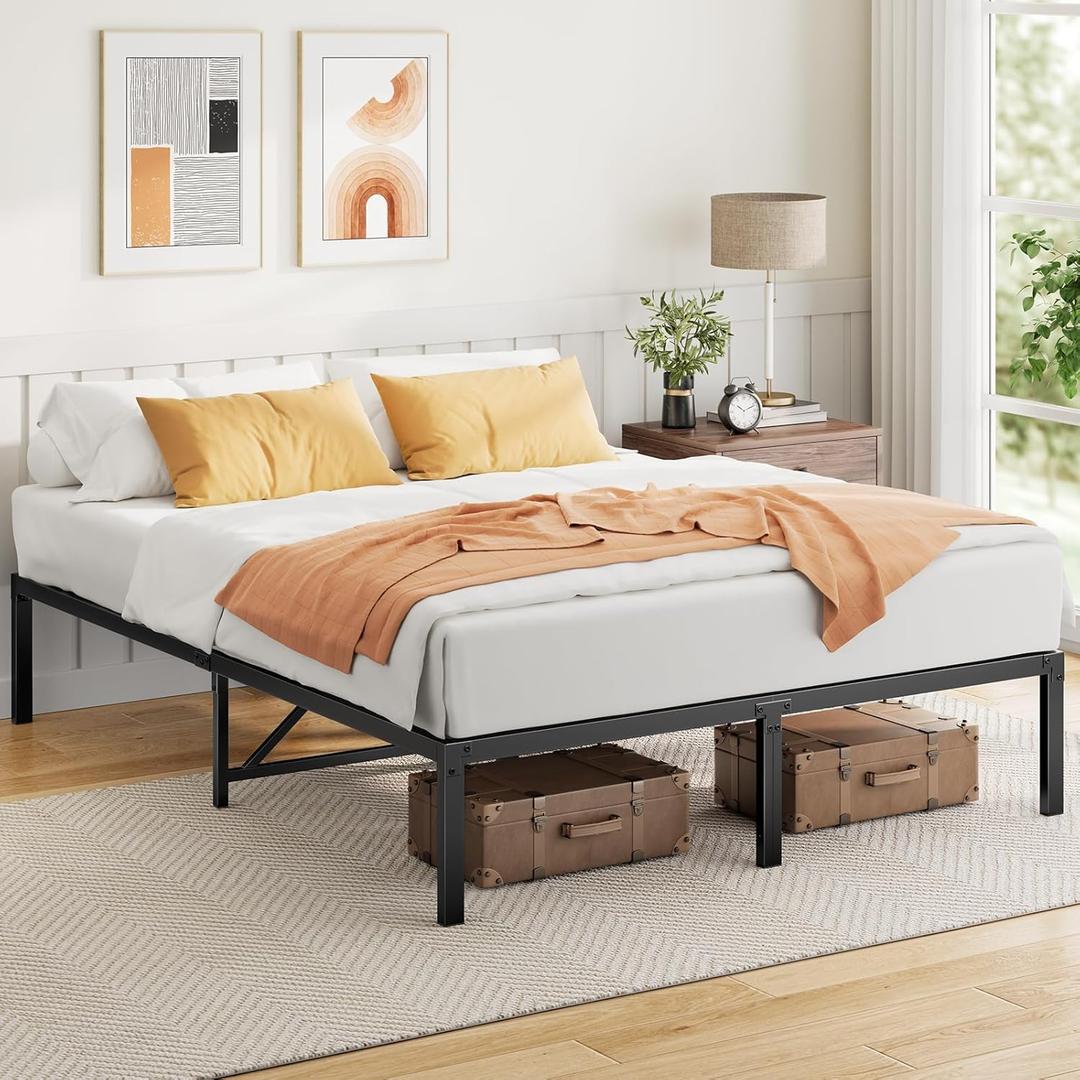 King Size Bed Frame, 14 Inch Metal Platform Bed with Enhanced Support Structure & Enclosing Edges, Metal Bed with Large Storage Space, 1400 lbs Max Weight, No Box Spring Needed, MSBFK01