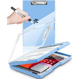 Clearview Clipboard with 2 Storage, Dry Erase 8.5x11 Heavy Duty ClipBoards - High Capacity Coaches Clip Board with Pen Holder - Side Opening Plastic Nursing Clip Case - Aqua Blue