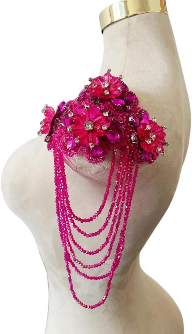 Handmade 3D Three-Dimensional Flower Rhinestones Applique Sewing Crystal Fringe Beads Sequins Patches Accessory for Wedding Dresses DIY Decorative 6X10inches 1PCS/Bag (Rose red)