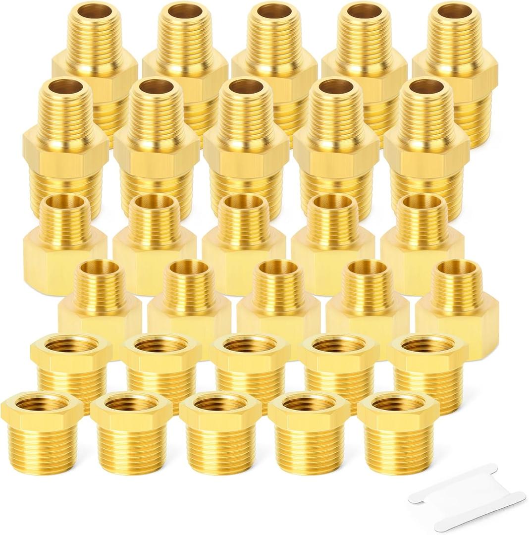 GASHER 15PCS Brass Pipe Fitting, Hex Bushing, Reducer Adapter, Reducing Hex Nipple 3/8 Inch NPT x 1/4 Inch NPT