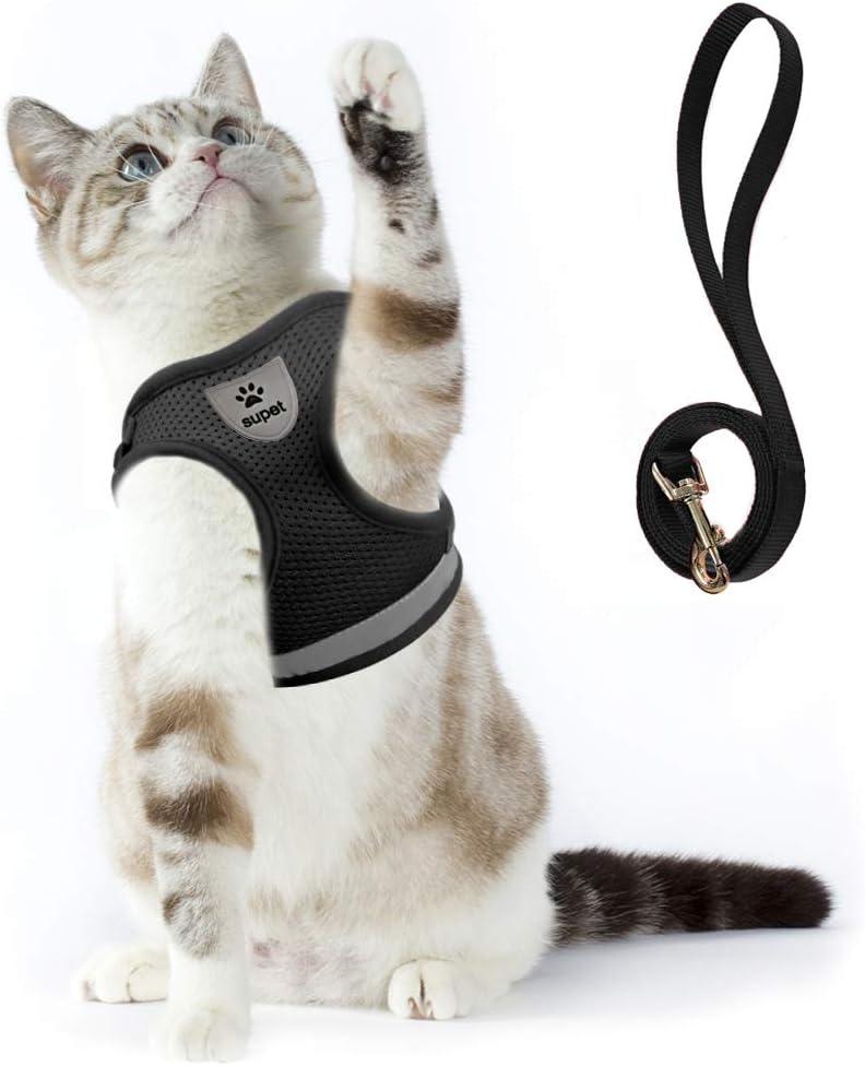 Supet Cat Harness and Leash Set - Soft Mesh Adjustable Cat Vest Harness with Reflective Strap for Walking Cat and Puppy Rabbit (S (Chest: 9.5" - 13.0"), Black)