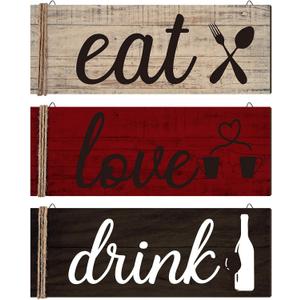 Jetec 3 Pcs Farmhouse Kitchen Wall Decor Rustic Wooden Home Eat Drink Love Sign with Hanging Hole for Home Dining Living Room Bar Cafe Decor(Retro Color)