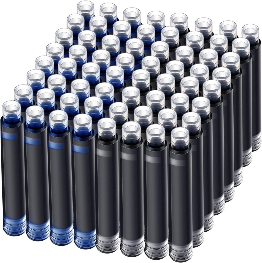 100 Pieces Blue Black Pen Ink Cartridge Fountain Pen Cartridges Refillable Cartridge, 3.4 mm Bore Diameter