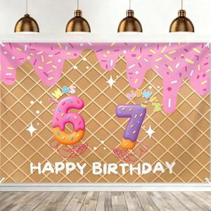 6 7 Birthday Decoration Backdrop,I was 6 Now I'm 7 Birthday Backdrop Banner, Ice Cream Drip Sweet Funny Number Pattern Wall Background for Girl Boy 7th Bday Party Decoration