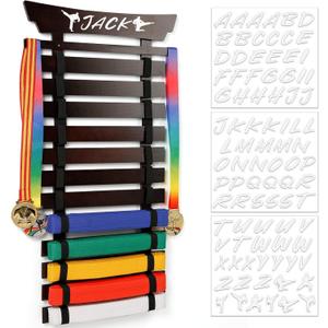 Winartton Karate Belt Display Rack with Stickers, Martial Arts Belt Display Holder, Taekwondo Belt Jiu Jitsu Belt BJJ Belt Display Hanging Holder for Adults (Walnut)