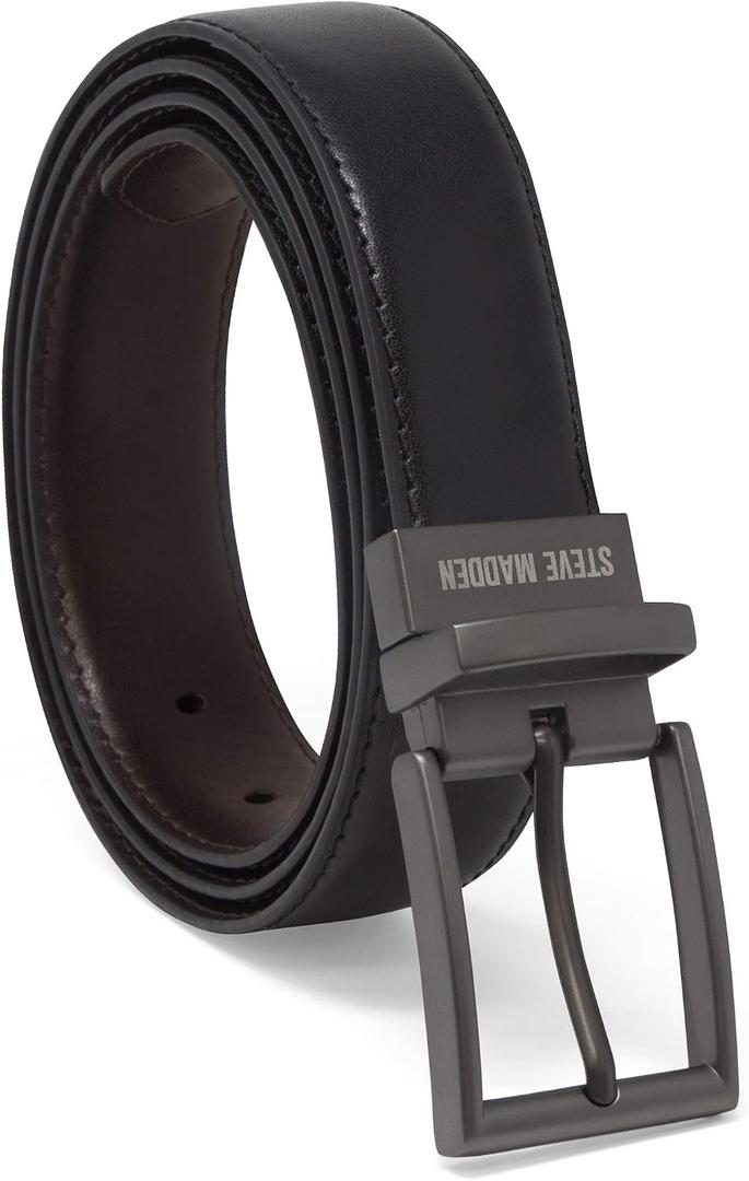 Steve Madden Men's Reversible Men's Dress Casual Every Day Leather Belt (Black)