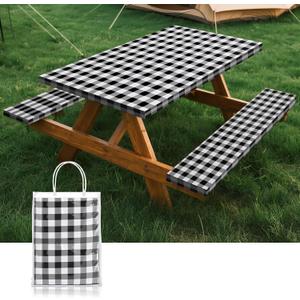 Picnic Table Cover with Bench Coversa nd Bag, Waterproof Windproof Elastic Fitted Tablecloth for 6 Foot Rectangle TablesWashable with Elastic Edges for Outdoor Camping(Black & White, 30"x72")