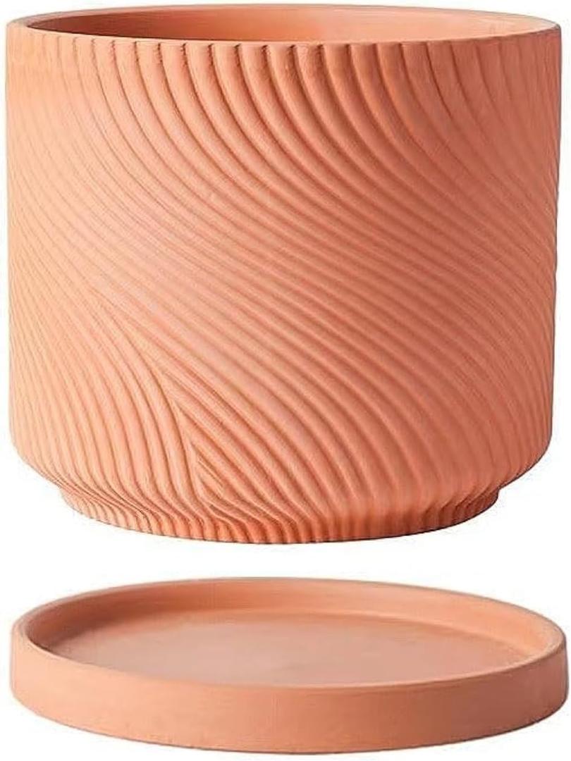 7" Unglazed Terracotta Planter with Drainage Hole & Saucer, Modern Minimalist Plant Pot for Home & Garden