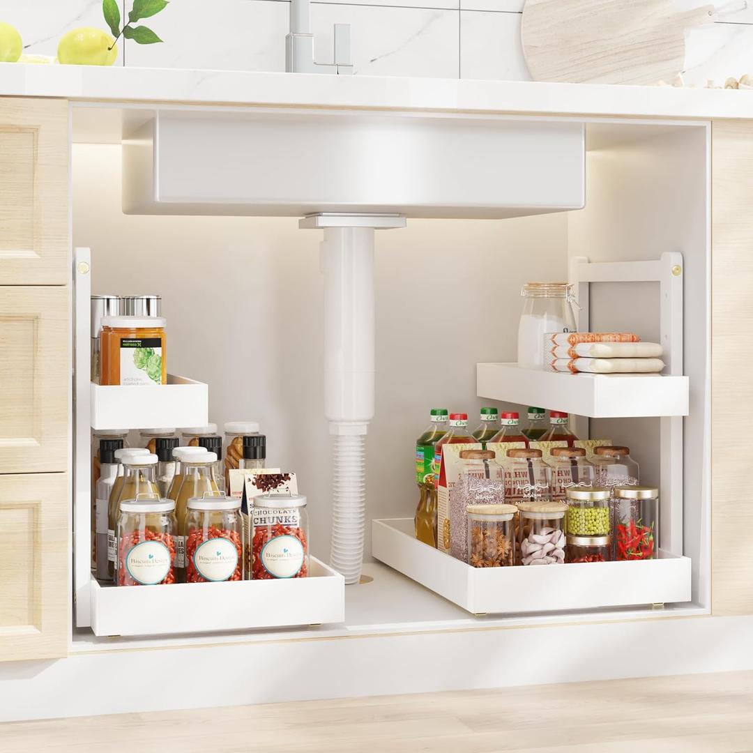 Bamboo Under Sink Organizer and Storage, 2 Tier Pull Out Cabinet Organizer, Slide Out Under Sink Storage Shelf, Undersink Organizers Shelves for Kitchen Bathroom Organization (White, 2 Packs)