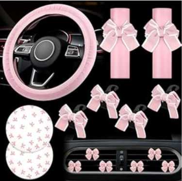 15 Pcs Pink Car Accessories Set for Women Bow Car Accessories Set Pink Leather Steering Wheel Cover Universal Fit 15 Inch Seat Belt Cover Bow Hook Pink Bow Car Coaster Bow Air Vent Clip