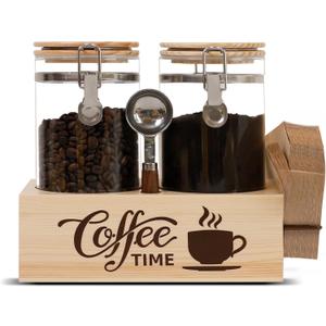 Glass Coffee Canister Set with Shelf & Spoon 2 Piece Coffee Containers for Coffee Bean Storage Airtight Seal, Coffee Bar Accessories Filter Holder for Kitchen Organization