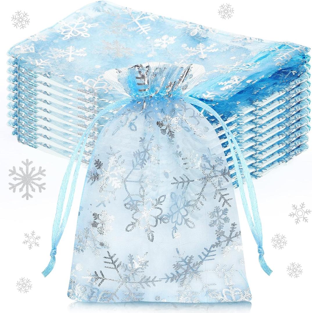 Roowest 100 Pcs Snowflake Organza Gift Bags 4 x 6 Inch Small Mesh Jewelry Pouches Mini Drawstring Candy Goody Organza Favor Bags for Winter Party Christmas Jewelry(Light Blue)