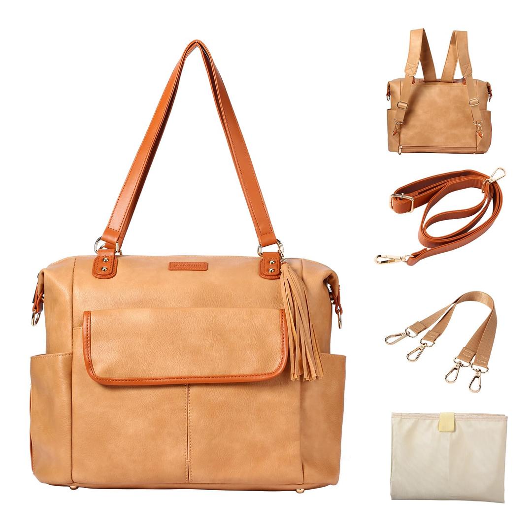 Diaper Bag Tote Fashion Leather Diaper Bag Backpack with 13 Pockets for Mom Dad, Large Travel Baby Bag Purse for Boys Girls with 3 Insulated Pockets, Changing Station - Beige