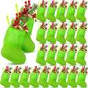 Soulchen 24 Pcs Mini Christmas Stockings 7 Inch Green Hanging Faux Fur Christmas Stockings Small Fireplace Hanging Decor Socks Treat Bag Candy Pouch for Xmas Tree Decorations Holiday Family Party Gift
