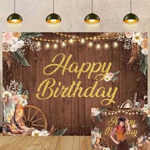 Western Cowgirl Birthday Backdrop Rustic Wooden Retro Boho Flower Pampas Grass Photography Background Banner West Girl Birthday Party Decoration Photo Booth Props (7X5FT)