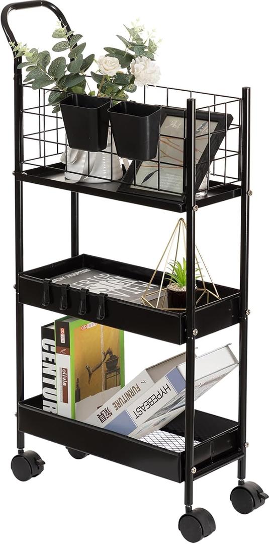 danpinera 3 Tier Rolling Cart, Slim Cart with Wheels for Small Spaces, 7.7 Slim Storage Cart with Extra Hooks and Hanging Cups, Narrow Rolling Storage Rack, Black