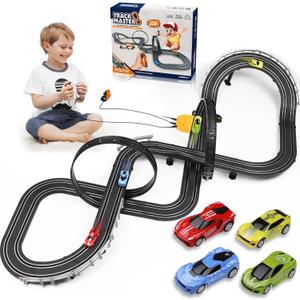 Slot Car Race Track Set, Battery or Electric Race Car Toys for 3 4 5 6+ Year Old Boys Gifts, 4pcs Slot Cars & 23 FT Dual Racing Game Lap Overpass Track, Gifts Toys for Boys Kids Age 6 7 8-12