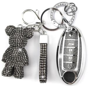 Cute Key Fob Cover with Rhinestone Bear Charm, Bling TPU Smart Key Case for Women, Compatible with Nissan Altima Armada Maxima Murano Pathfinder Rogue Sedan Sentra (5-Button, Silver Black)
